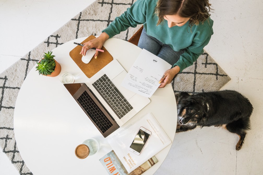 woman working on a computer with dog at Bear Financial Solutions